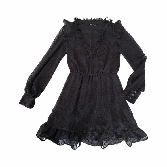 Zara Black Long Sleeve Dress size M Lace short dress cocktail dress - Picture 5 of 7